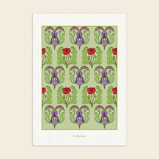 Decorative print with floral pattern on a light green background