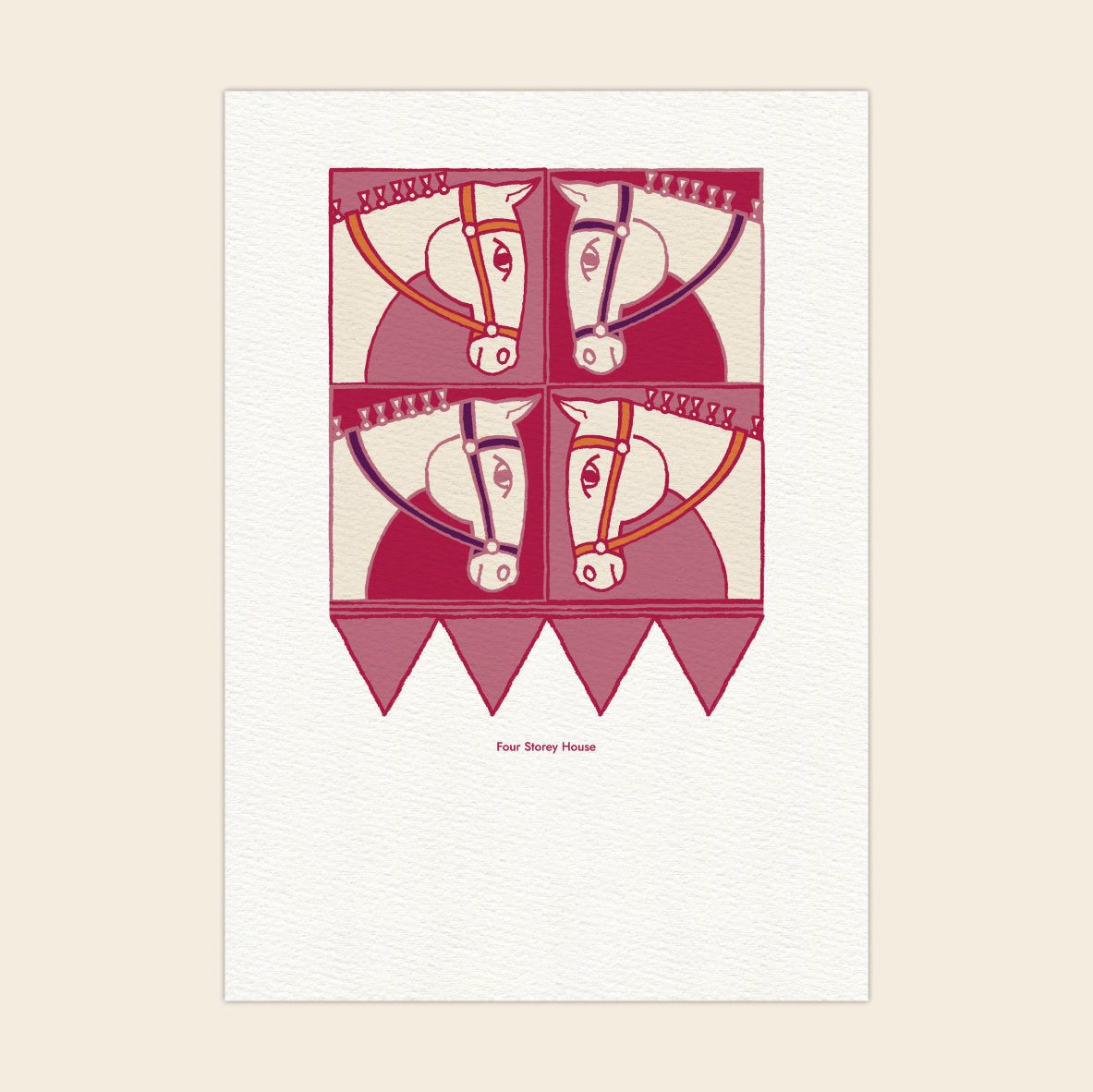 Original A2 Art Print - Horse featuring a unique, stylized design of four abstract horse heads in shades of red and pink on a textured white background ideal for framed art prints or A2 posters.
