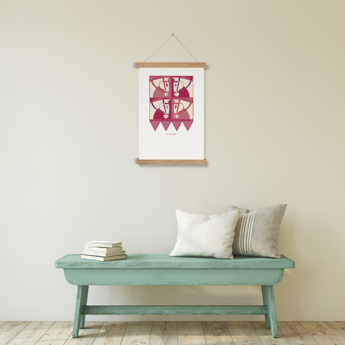 Original A2 Art Print - Horse featuring a unique horse design in shades of red and cream, displayed above a teal wooden bench with cushions and books in a minimalist room.