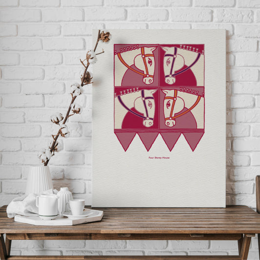 Original A2 Art Print - Horse featuring a stylized horse design in shades of pink and red, displayed on a textured canvas against a white brick wall, perfect as unique framed art.