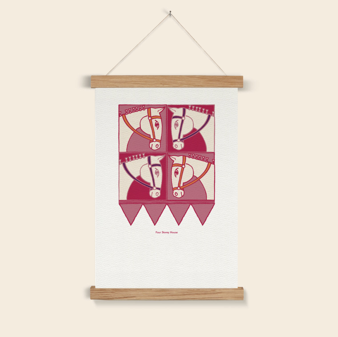 Original A2 Art Print - Horse featuring a stylized graphic of four horse heads in a mirrored design with tones of red and cream, hung with wooden hanger bars as framed art print.