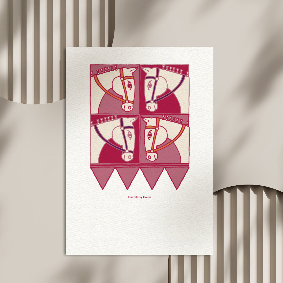 Original A2 Art Print - Horse featuring a stylized, symmetrical horse face design in shades of red and pink, displayed against a minimalist neutral background.