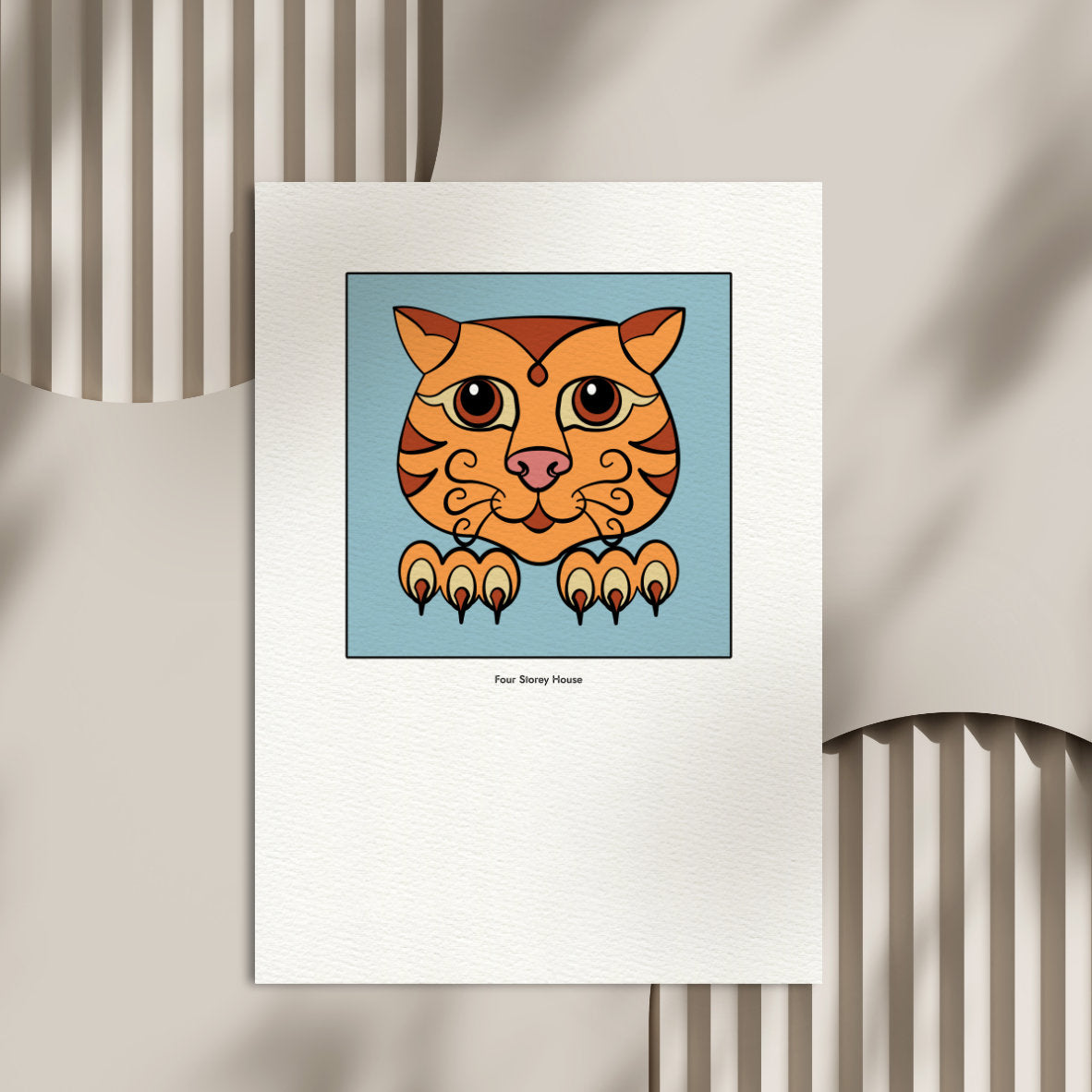 Original A2 Art Print - Ginger Cat featuring a stylized orange cat face with large eyes and prominent claws on a light blue background, framed by textured white paper.