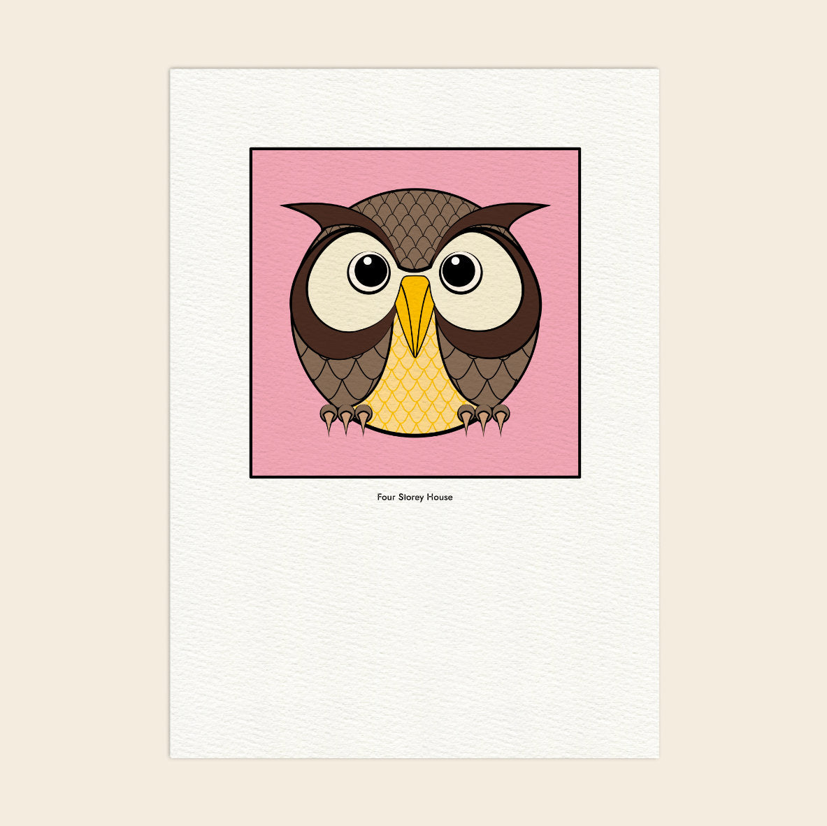 Original A2 Art Print - Owl featuring a charming illustrated owl with large eyes on a pink background, perfect as a unique A2 poster or framed art print.