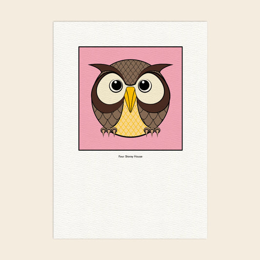 Original A2 Art Print - Owl featuring a charming illustrated owl with large eyes on a pink background, perfect as a unique A2 poster or framed art print.