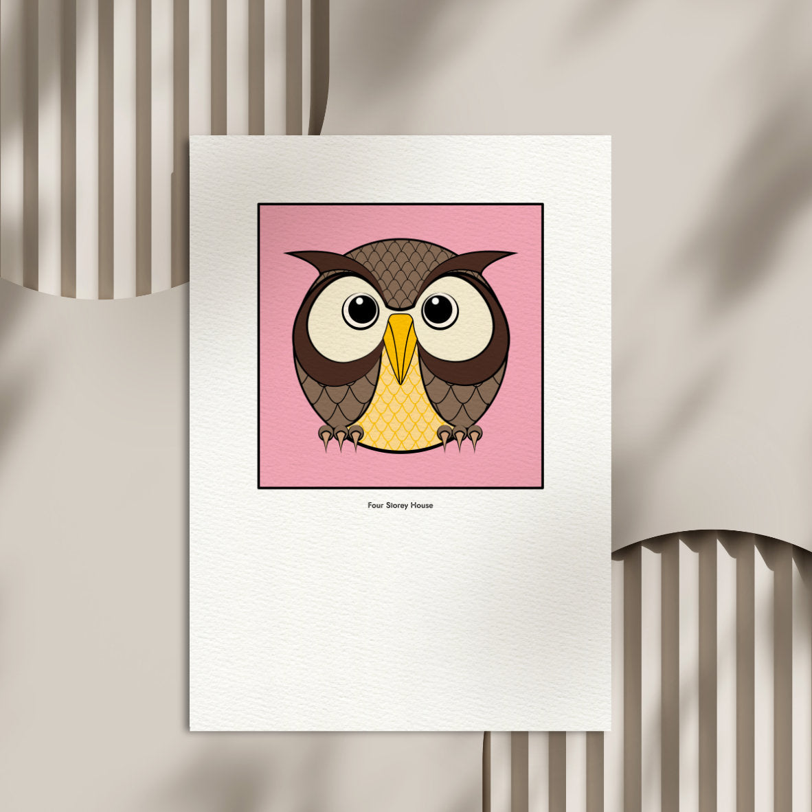 Original A2 Art Print - Owl featuring a unique, UK designed illustrated owl with large eyes on a pink background, presented as a framed art print suitable for home decor.