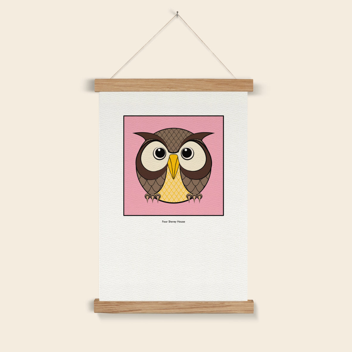 Original A2 Art Print - Owl featuring a cute, stylized owl illustration with large eyes on a pink background, displayed with wooden hanger framing for unique wall decor.