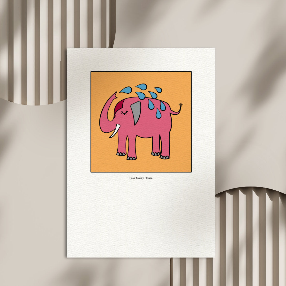 Original A2 Art Print - Pink Elephant featuring a whimsical pink elephant spraying water, set against an orange background with a minimalist, modern style.
