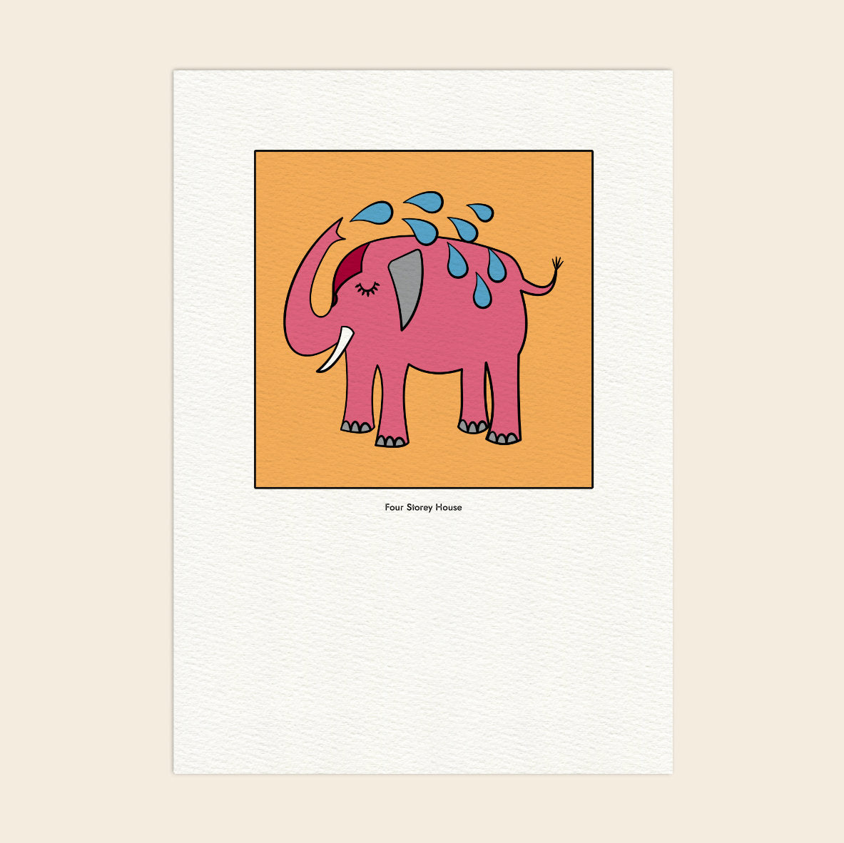 Original A2 Art Print - Pink Elephant featuring a whimsical pink elephant with blue water droplets on an orange background, styled as a unique, original UK designed framed art print.