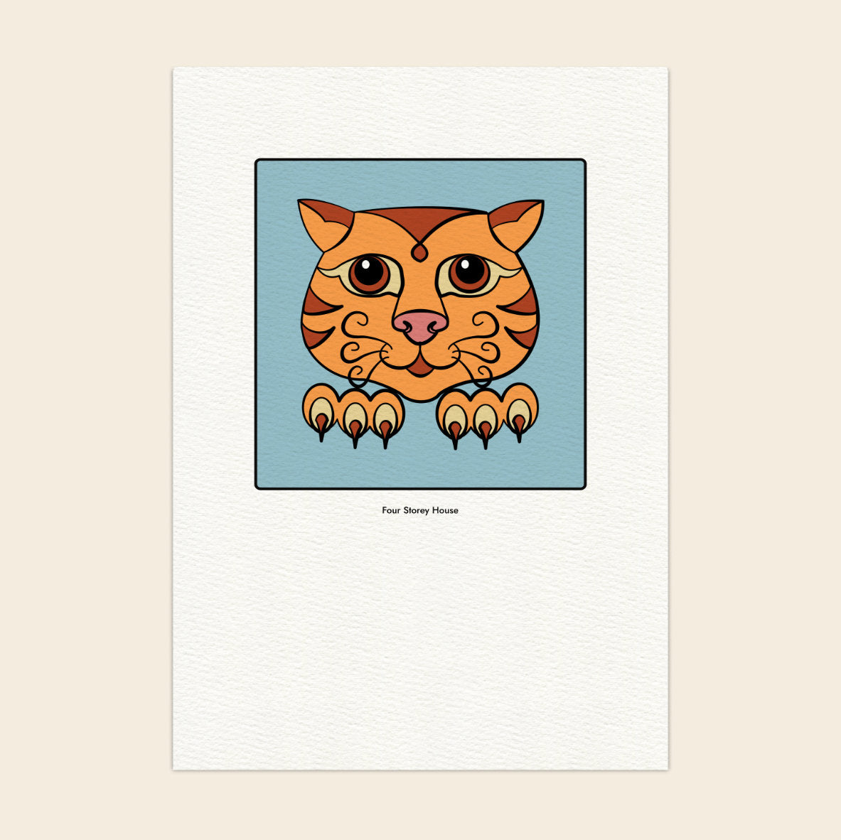Illustration of a stylized cat face on a blue background with a white border.
