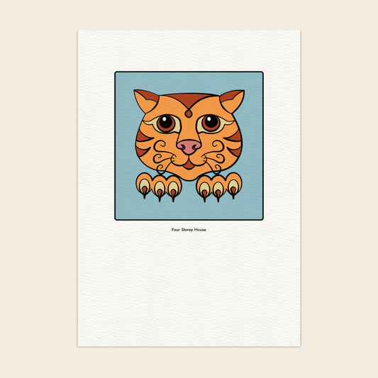 Illustration of a stylized cat face on a blue background with a white border.