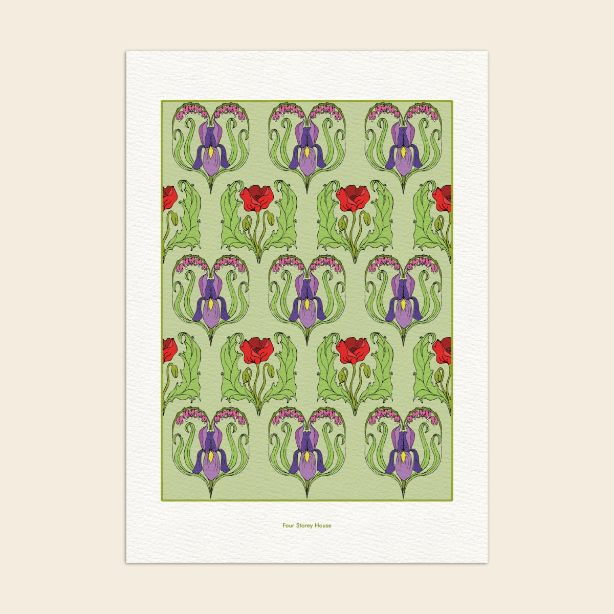 Decorative print with floral pattern on a light green background