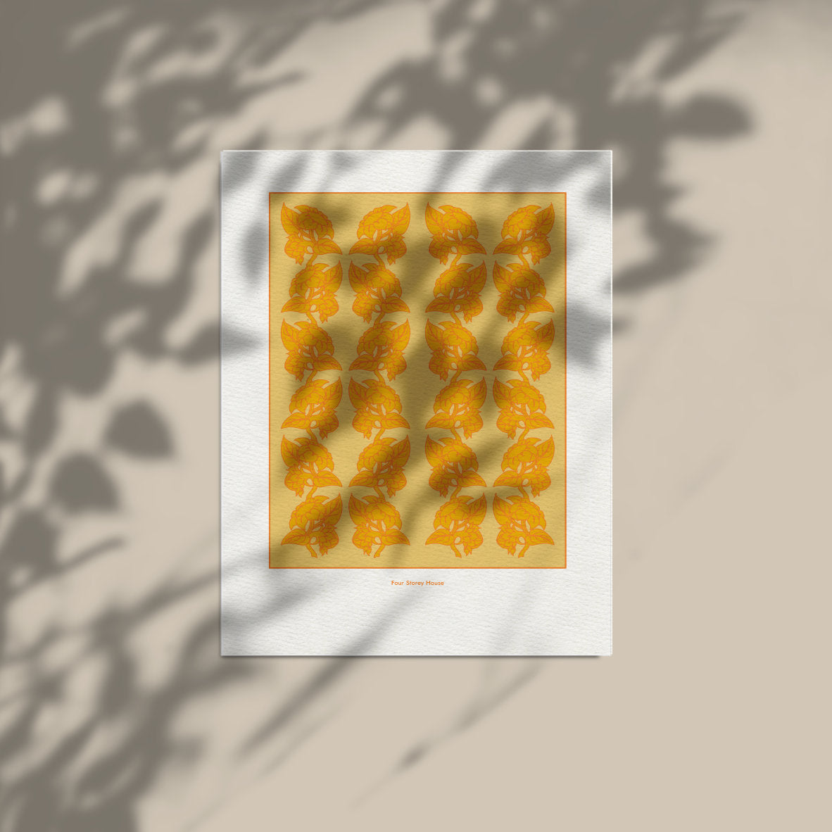 Original A2 Art Print - Sunflowers in Yellow & Orange featuring a pattern of stylized sunflower leaves in warm yellow and orange tones with soft shadows on a neutral background.