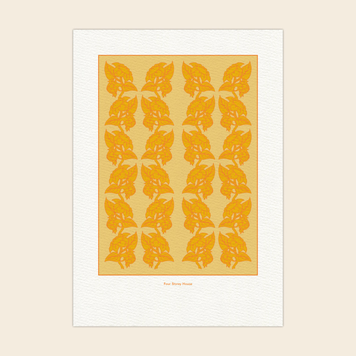 Framed artwork with a pattern of orange foxes on a beige background