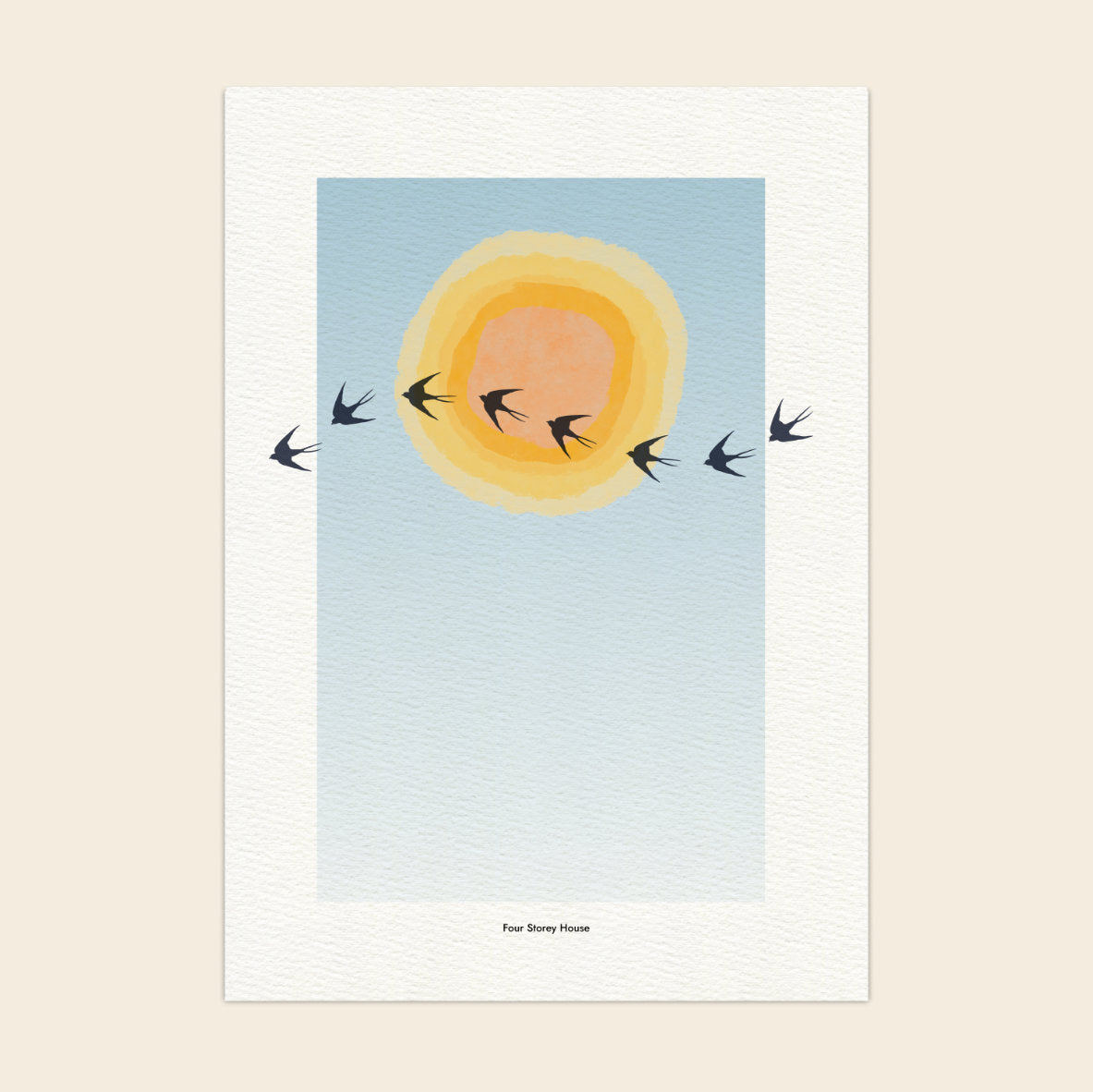 Art print with a stylized sun and birds on a blue background, framed in white.