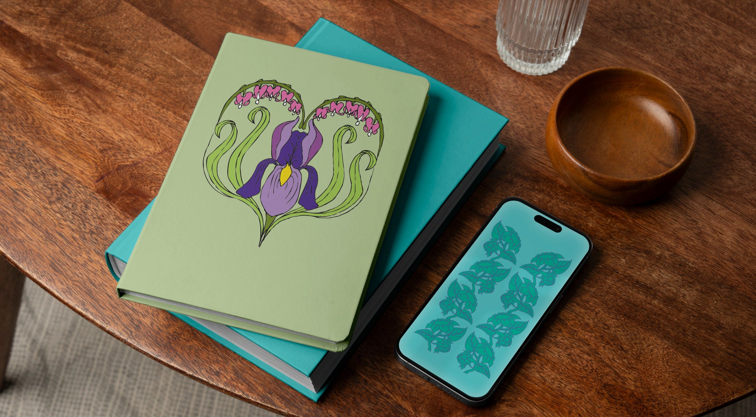 Iris notebook and Sunflowers in turquoise and purple phone screen
